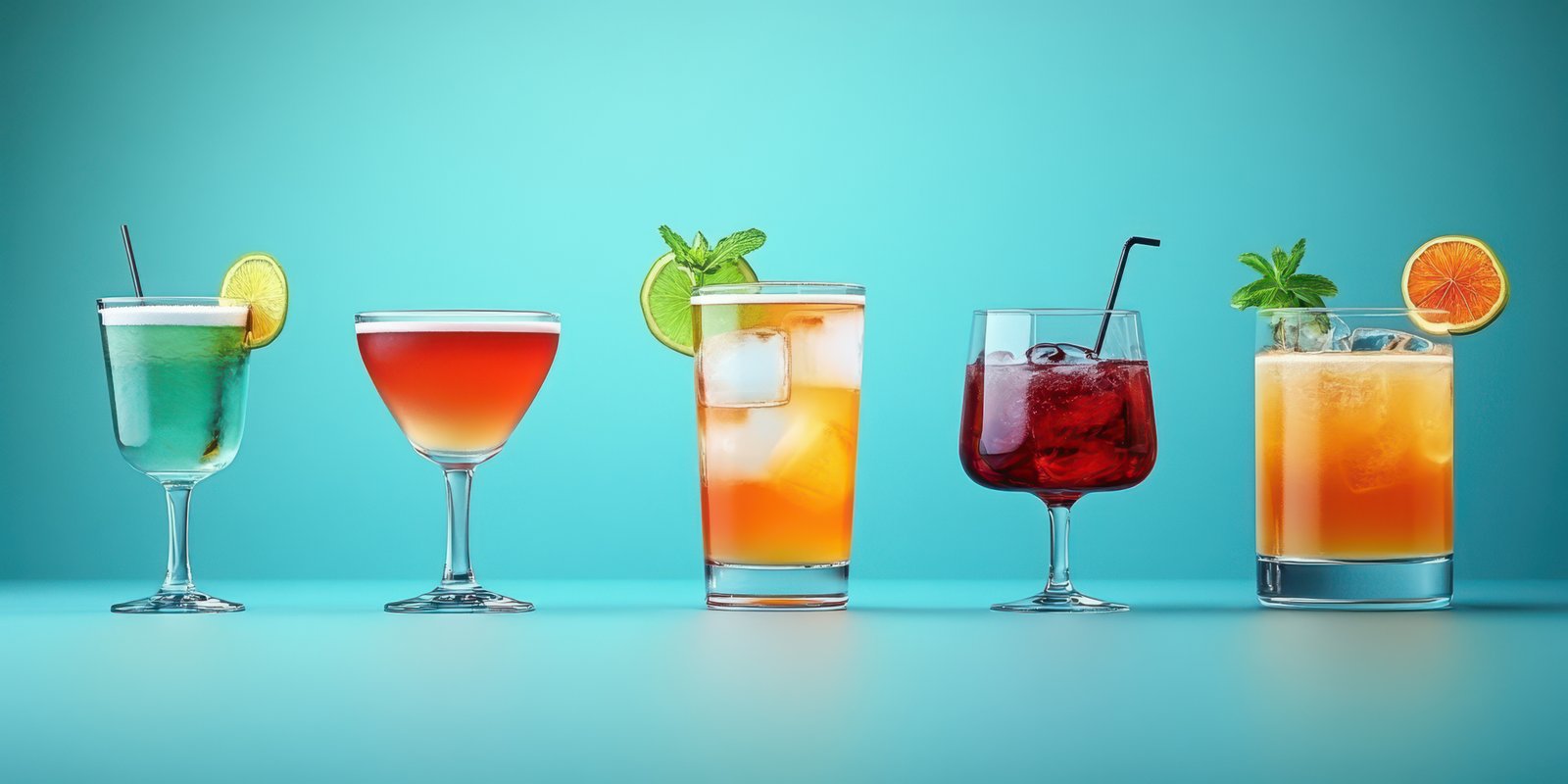 Colorful cocktail display featuring refreshing drinks in stylish glassware against a vibrant blue background